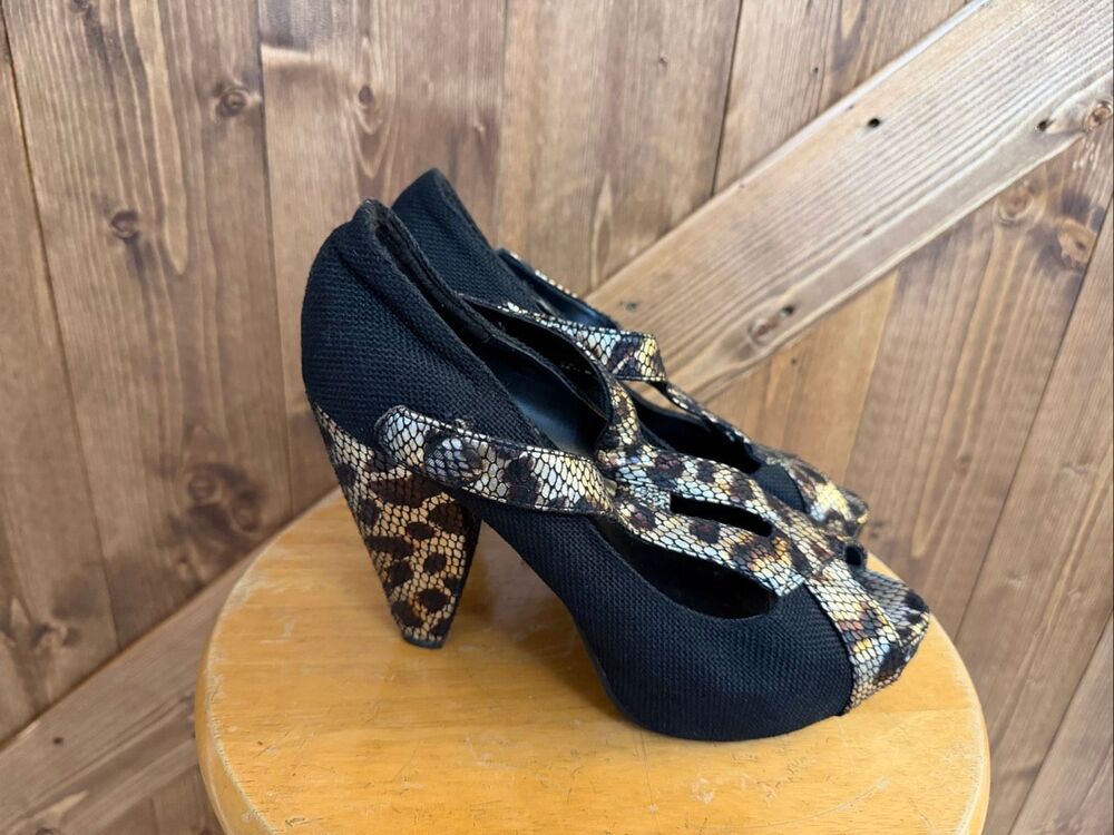 BKE Women’s Size 7.5 Black Peep Toe Heels Leopard Print Accent Pumps